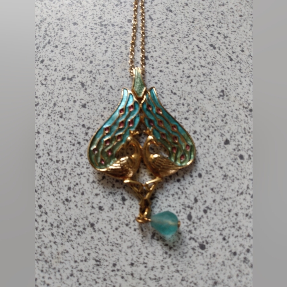 vintage art deco Peacock lovers necklace